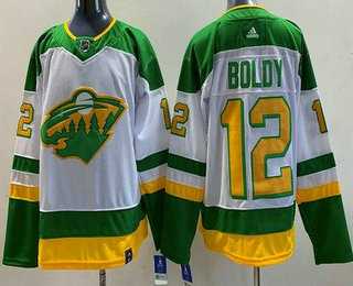 Men%27s Minnesota Wild #12 Matt Boldy White 2021 Reverse Retro Authentic Jersey